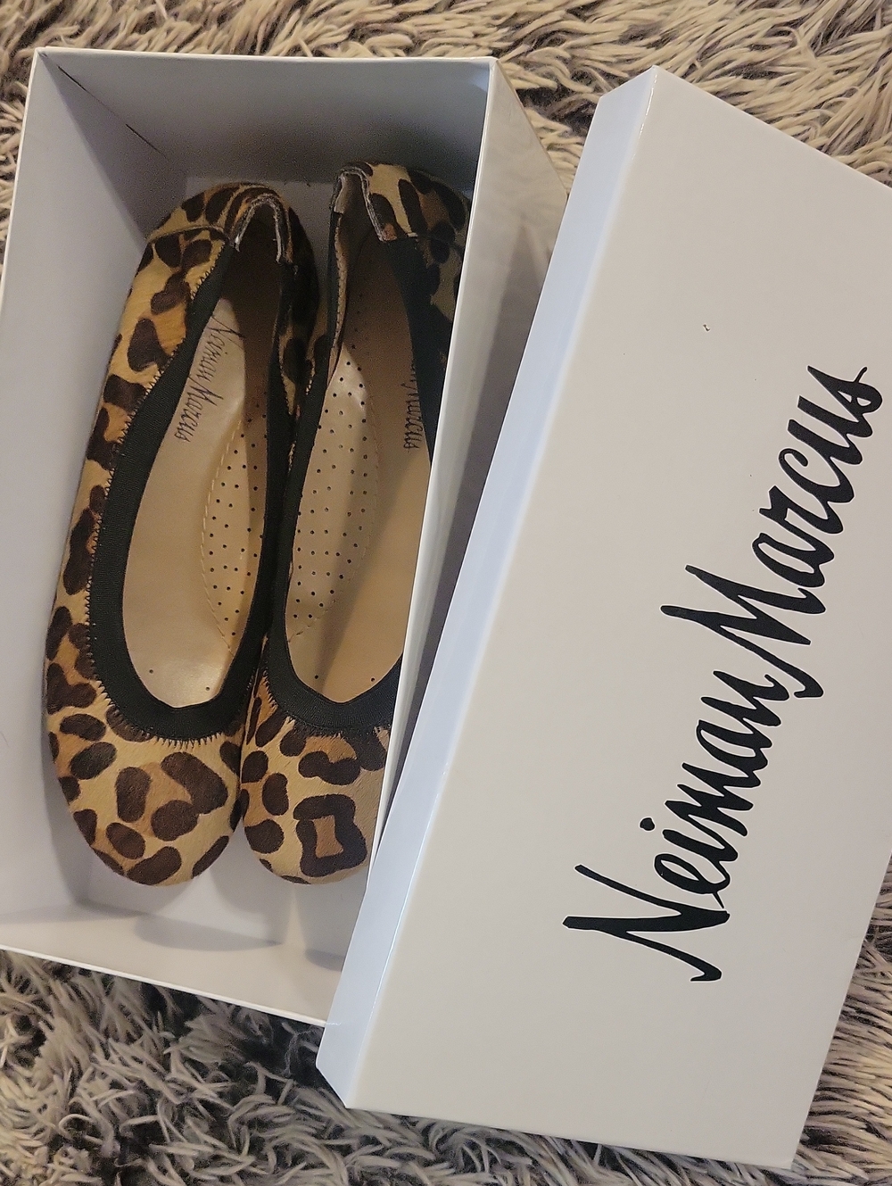 Neiman Marcus Leopard-Print Ballet Flats with Black Trim